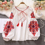 Vacation Retro National Style Embroidery With Esopre V-Neck Lantern Sleeve Shirt Shirt Women Loose