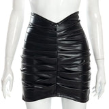 Toloer Color Pleated PU Wrap Hip Skirt Women's Short Skirt-Outfit