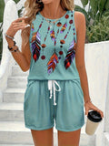 Summer New Feather Printed Casual Fashion Round-Neck Shorts Set For
