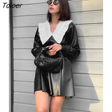 Streetwear Pu Spliced Peter Pan Collar Mini Dress Female Leather High Waist Autumn Black Dress Long Sleeve Trendy