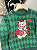 Women Sweater Long Sleeve Arglye Green Pullovers Sweater Knitted Cat Embroidery Femininas Jumpers Loose Casual