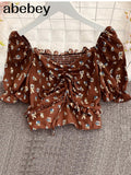New Summer Fashion All-match V-neck puff sleeve print Shirt drawstring ruched lace up Shirt
