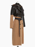 Women Khaki Pu Leather Big Size Long Trench New Lapel Long Sleeve Loose Fit Windbreaker Fashion Spring Autumn 2023
