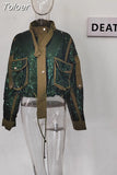 2023 Autumn Women's Autumn jackets New Fashion Round Neck Loose Zipper Pocket Long Sleeve Sequined Short Coat Female