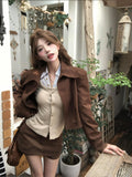 Hottie Wearing Brown Short Shoulder Jacket Women's Early Autumn High-Rise