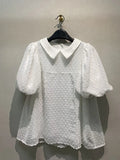 VAREY LIN Summer Japan Style Puff Sleeve Shirt Blouse Women Fashion Peter Collar Print White Tops Lady Sweet A-line