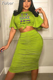Print Two Piece Sets Women Hipster Y2K Butterfly Sleeve T-shirt+high Waist Ruched Mid Calf Skirt Cool Matching
