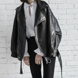 High Quality 2023 Spring Black PU Leather Loose Turn-down Collar Zipper Fashion New Women's Wild Jacket