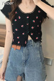 Knitted Cardigan Crop Top Women Summer 2023 Floral Lace Patchwork Shirt Single Breasted Cute T Shirts Short Sleeve