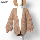 2023 Autumn And Winter Sweater Cardigan Bohemian Style Hand-knitted Bat Lantern Sleeve Sweater Jacket Female