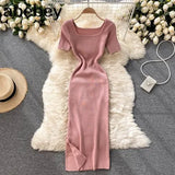 Women Slim Knitted Dress Square Collar Short Sleeve Elastic Bodycon Dresses 2022 Summer Streetwear Sexy Split