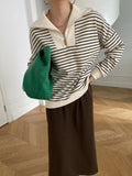 Women's Zipper Polo's Neck Striped Sweatshirt Long Sleeve Casual