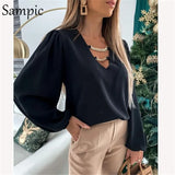 Hollow Out V Neck White Black Women Long Puff Sleeves Blouse Tops Ladies Office Sexy Chain Chiffon Blouse Shirt