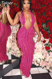 Ruffled Mesh Deep V Halter Backless Long Maxi Dress Sexy Party Night Clubwear Pink Birthday Dressed for Women