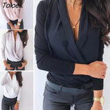 Spring Autumn Fashion Elegant Shirt Women Autumn Sexy Long Sleeve Deep V Neck Solid Color Blouse Top Slims Fit