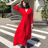 2023 Spring Summer Dress Women Cotton Patchwork Lace Dresses V-Neck Lantern Sleeve Maxi Dress Beach Long Female