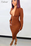 Autumn Brown Women's Bodycon Midi Dresses Simple Fashion Bright Line Decoretion Zipper Up Long Sleeve Body-shaping