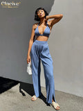 Sexy Crop Top Set Woman 2 Piece Summer Bodycon Blue Pleated Pants Set Female Fashion Slim High Waist Slit Trouser