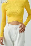 Fashion Women's Knitted Pullover Round Neck Slim Solid Color Hem Gross Cut Out Long Sleeve Sweater Autumn 2023 New