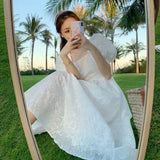 Piece Dress Korean Puff Sleeve Sexy Midi Dresses Beach Sundresses for Women Summer 2021 Backless Design Square Collar