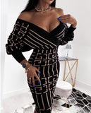 Print V-Neck Puff Sleeve Elegant Midi