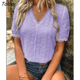Lace Shirts Women Summer Puff Sleeve Tops Vintage Elegant Pullover White Blouse Women Fashion V-neck Solid Shirt