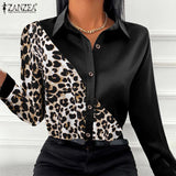 ZANZEA Autumn Women Full Sleeve Blouse Blusa Leopard stitching Lapel Chemise Bohemian Fashion Elegant Work OL Party Retro