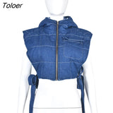 Winter Sleeveless Side Lace Up Vest Jacket Zipper Denim Hoodies Streetwear Women Clothing Fashion Outwear Crop