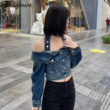 Ropa Mujer Harajuku Blue Jean Jacket Woman Sexy Slash Neck Tunic Y2k Tops Streetwear Outwear Fashion Casual Korean