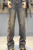 Y2K Streetwear Harajuku Butterfly Decoration Denim Pants Women's High Waist Embroidery Loose Straight Hole Ripped