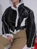 2023 New Autumn And Winter Turn-down Collar Full Sleeves PU Leather Flocking Waist Jacket Female Coat Tide Warm