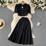 Elegant Women Set Summer 2022 Gentle Fashion V Neck Button Blouse Zipper Ruched A Line Long Skirt Slim Two Piece