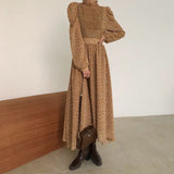 Vintage Stand Collar Ruched Sleeve A-line Dress Women Floral Print Elastic Waist Female Dress Spring Vestidos femme