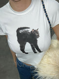 Harajuku Funny Cat Print Short Sleeve T-shirts Y2K Aesthetic O-neck Vintage Grunge Cropped Top Cute Casual Basic