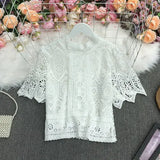 New Summer Temperament All-match stand collar flared sleeve Shirt hollow out Lace Waist slim short Shirt