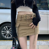 Mini Cargo Skirt Denim Women Y2k Vintage High Waist Belt Pocket Sexy Slim Pencil Skirt Korean Streetwear Summer