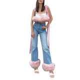 Skinny Two Piece Set Womens Square Collar Sleeveless Tops High Waist Denim Trousers Patchwork Feathers Female