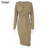 Summer Elegant Women Dresses Fashion Long Sleeve Casual Midi Bodycon Dress Draped Cross O Neck Black Ladies Long Dress
