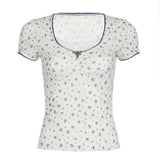 Aesthetic Lace Stitching Square Collar Short Sleeve Tee-Outfit