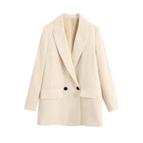 Women Fashion Double-Breasted Loose Fitting Blazer Coat Vintage Long Sleeve Pockets Female Outerwear Chic