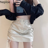 Chic PU Women Skirts 2023 Black Faldas De Mujer High Waist Slim Fit Sexy Jupe Korean Drawstring Bodycon Mini Skirt