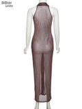 Sisterlinda Stunning Elegant Mesh V-Neck Maxi Dress Women Sleeveless Button Snake Turn-Down Collar Party Clubwear Female
