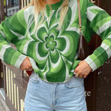 Floral Print Casual Korean Green Knitted Sweater Autumn Winter Long Sleeve Ladies Jumpers Y2K Fashion Pullover