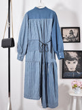 Hit Color Striped Dresses For Women Lapel Long Sleeve High Waist Folds Irregular Hem Elegant Dress Female Fashion