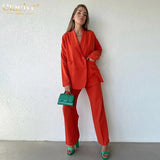 Casual Loose Blue Trousers Suits Fashion Long Sleeve Blazer With High Waist Straight Pants 2 Piece Sets Womens