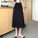Women Solid Folds Thin Summer High Waist Mid-calf Fashion Korean Style Elegant All-match Leisure New Юбка Женская