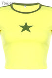 Star Print Contrast Color Patchwork Y2K Cropped Top Yellow Short Sleeve T-shirt Summer 2023 Harajuku Clothes Cute