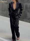 Balck Casual Satin Women Sets Autumn Long Sleeve Blazers With Wide Leg Pants Set Elegant Lace-Up 2 Piece Trousers