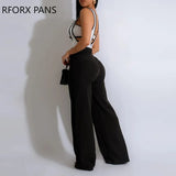 Women Sleeveless Crop Top Patchwork Decor Button Sexy Two Pieces Pants Set-Outfit