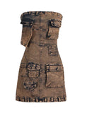Toloer Summer New Fashion Personality Fashion Wind Multi-Pocket Splicing Design Sense Denim Strapless Dress Women-Outfit